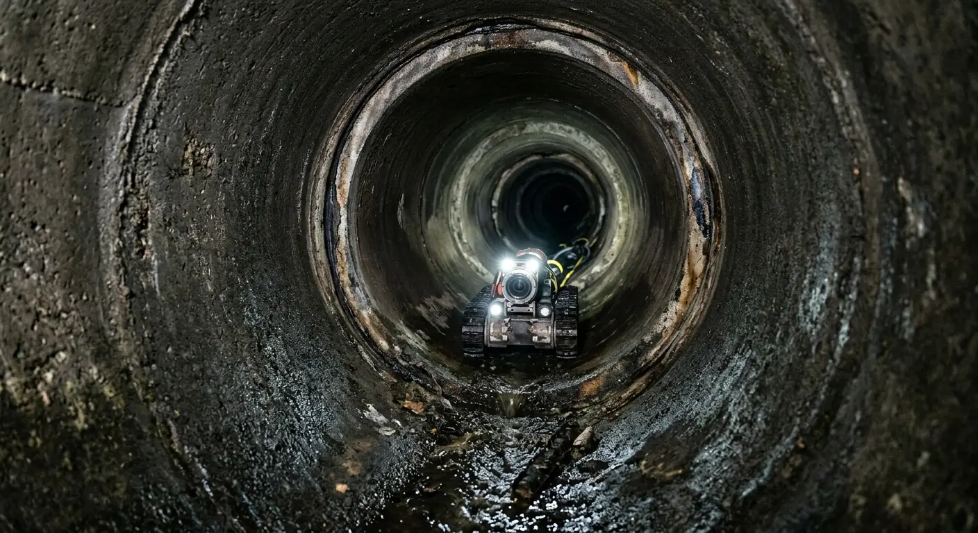 Robotic sewer camera inspecting pipe interior for Sewer Line Cleaning in Newstead
