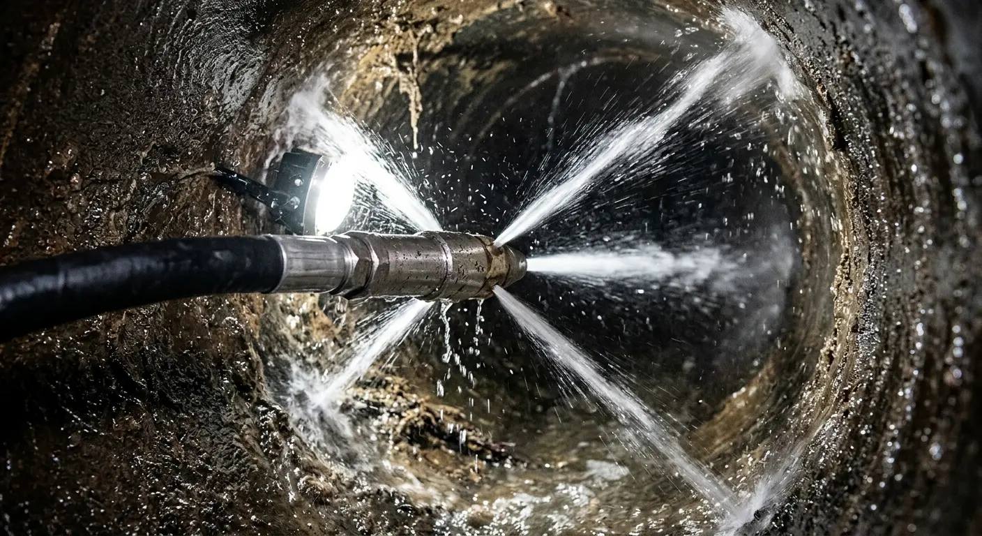 High-pressure hydro jetting nozzle cleaning sewer pipe for Sewer Cleanout in Newstead
