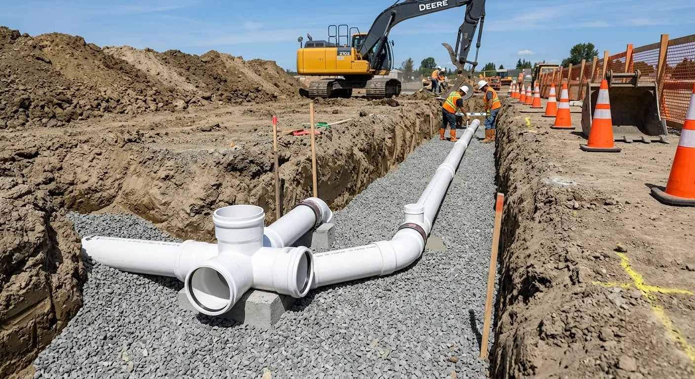 New PVC sewer pipe installation in open trench for Grease Trap Cleaning in Newstead
