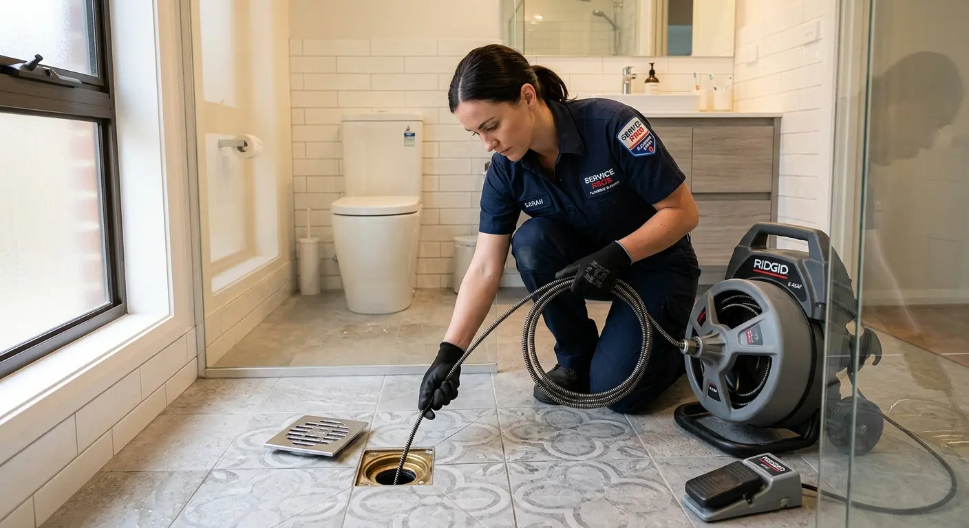 Technician clearing a bathroom floor drain for Sewer Line Installation in Newstead